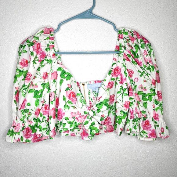 Hill House The Isabella Top in Pink Roses Puff Sleeve Poplin Floral Bow Crop Top - Picture 2 of 10